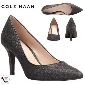 Cole Haan Juliana Pump 75 Black Glitter Leather Evening Dress Shoes Heels 7 M